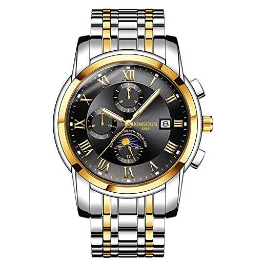 Haonb orologi da polso, orologio meccanico impermeabile da uomo multifunzionale con calendario a fasi lunari, quadrante nero oro