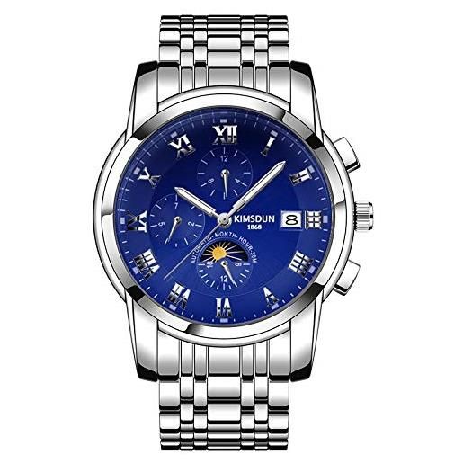 Haonb orologi da polso, orologio meccanico da uomo multifunzione con calendario fasi fasi lunari orologio automatico impermeabile, quadrante blu conchiglia argentata