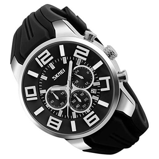 SKMEI uomini orologi cinturino in silicone giovane impermeabile sport moda casual grande viso cronografo lusso luminoso analogico quarzo nero orologio da polso regali SKMEI, g9128nero, moda