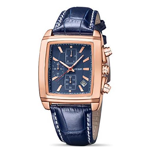 MEGIR - orologio con cronografo, analogico, da uomo, al quarzo, luminoso, rettangolare, con elegante cinturino in pelle, per sport e lavoro, blu