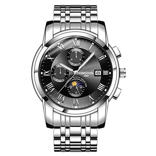 Haonb orologi da polso, orologio meccanico da uomo multifunzione con calendario fasi fasi lunari orologio automatico impermeabile, conchiglia nera quadrante nero
