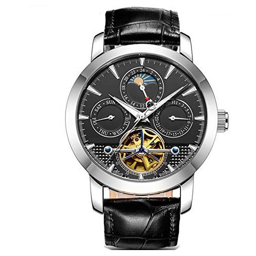 Haonb orologi da polso, orologio meccanico automatico impermeabile a fasi lunari con cava multi-cinetica, pelle nera quadrante nero