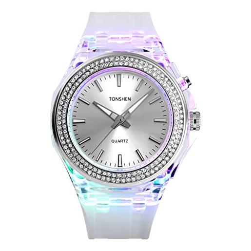TONSHEN donna orologi da polso 50m impermeabile led elettronico luce sportivo digitale orologio plastica cassa e gomma cinturino (bianco)