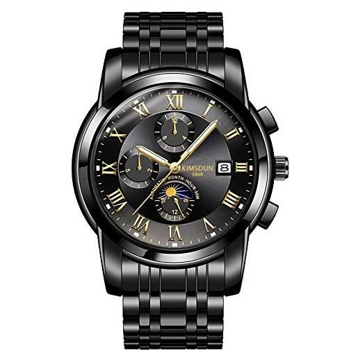 Haonb orologi da polso, orologio meccanico impermeabile da uomo multifunzionale con calendario a fasi lunari, quadrante nero conchiglia nera
