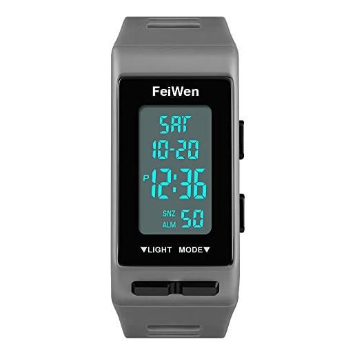 FeiWen design semplice multifunzione orologi da polso da unisex outdoor militare digitali sportivi orologio plastica cassa e gomma banda led doppio tempo allarme calendario (grigio)