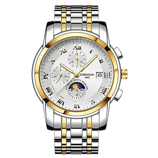 Haonb orologi da polso, orologio meccanico da uomo multifunzione con calendario fasi lunari business orologio automatico impermeabile, quadrante bianco oro