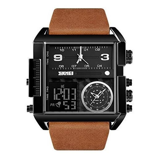 SKMEI orologio da polso digitale sportivo da uomo, con quadrante quadrato grande, al quarzo, con cronometro impermeabile multi-fuso orario nero e marrone. 