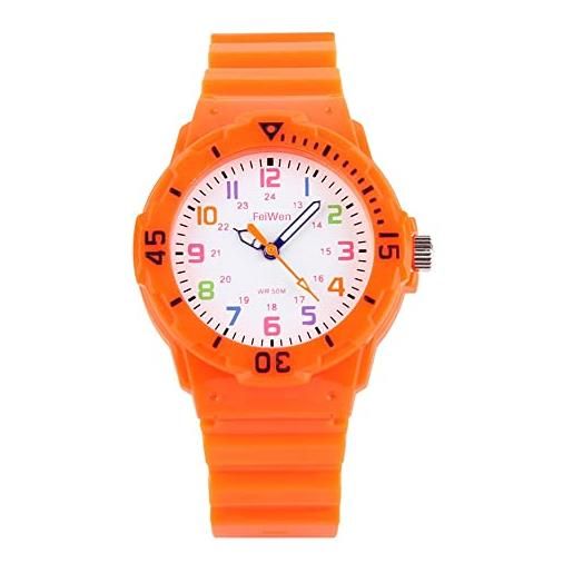 FeiWen semplice fashion cartoon analogico quarzo orologi da polso da bambino 50m impermeabili multicolore quadrante rotante plastica cassa e gomma banda orologio, arancio