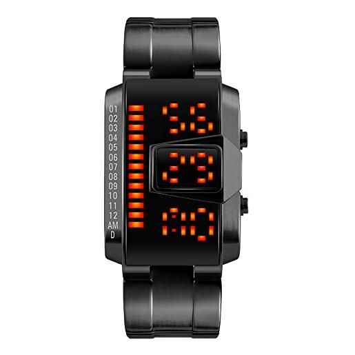 FeiWen fashion binario digitale orologi da polso uomo 50m impermeabili rettangolare acciaio inox casual unico sportivi orologio (nero)