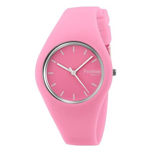 FeiWen orologi da polso da unisex fashion elegante analogico quarzo minimalismo stile gomma cassa e banda orologio (rosa)