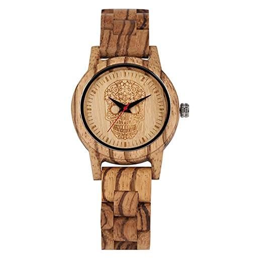 GIPOTIL orologio da donna al quarzo con design punk a forma di teschio, orologio da polso in legno, orologio da donna casual in legno naturale, orologio da donna in legno