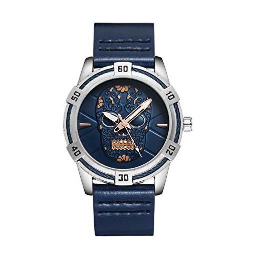 Haonb orologi da polso, orologio impermeabile personalizzato con teschio di tendenza, cassa blu quadrante blu cinturino in argento