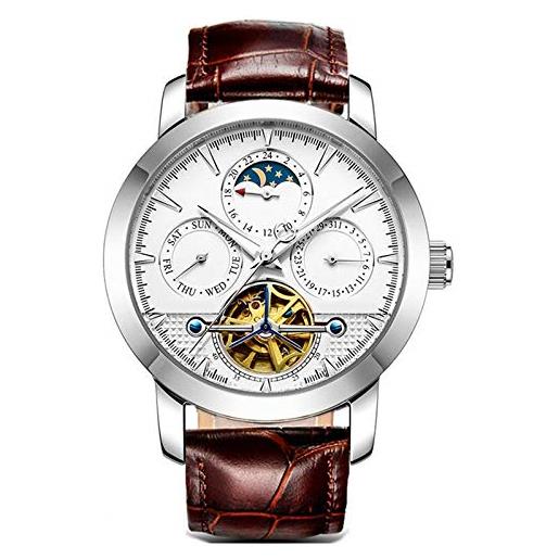 Haonb orologi da polso, orologio meccanico automatico impermeabile a fasi lunari impermeabile con fasi lunari, pelle marrone bianca