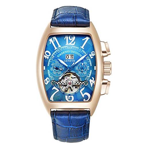 Haonb orologi da polso, orologio meccanico con cinturino in pelle tuba tourbillon, quadrante blu oro rosa