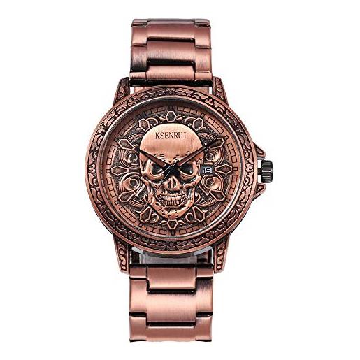 Haonb orologi da polso, orologio teschio con elegante quadrante retrò, bronzo rosso