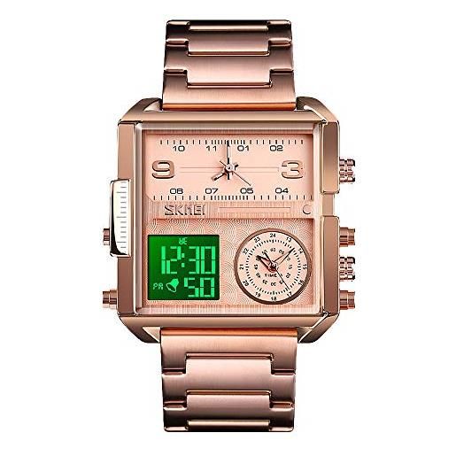 SKMEI orologio da polso digitale sportivo da uomo, con quadrante quadrato grande, al quarzo, con cronometro impermeabile multi-fuso orario business 1.78*1.61*0.55 inch oro rosa chiaro. 