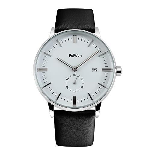 FeiWen uomo elegante fashion orologi da polso analogico quarzo acciaio inox cassa e pelle banda quadrante piccolo cronometro calendario orologio (bianco)