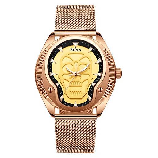 Haonb orologi uomo, orologio sportivo impermeabile orologio al quarzo con cinturino in maglia di teschio dorato