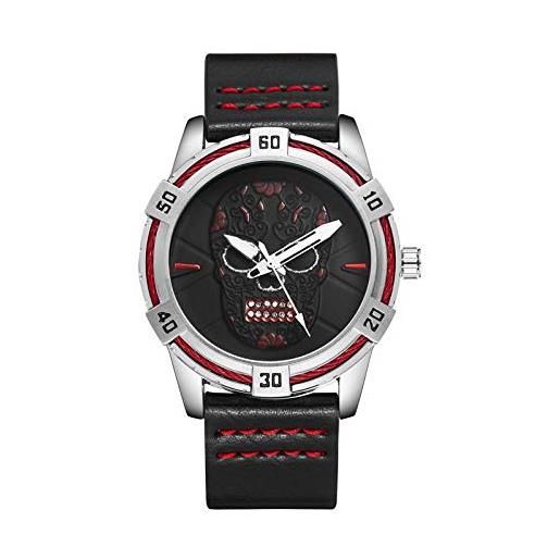 Haonb orologi da polso, orologio impermeabile personalizzato con teschio di tendenza, cassa in argento con quadrante rosso e cintura nera