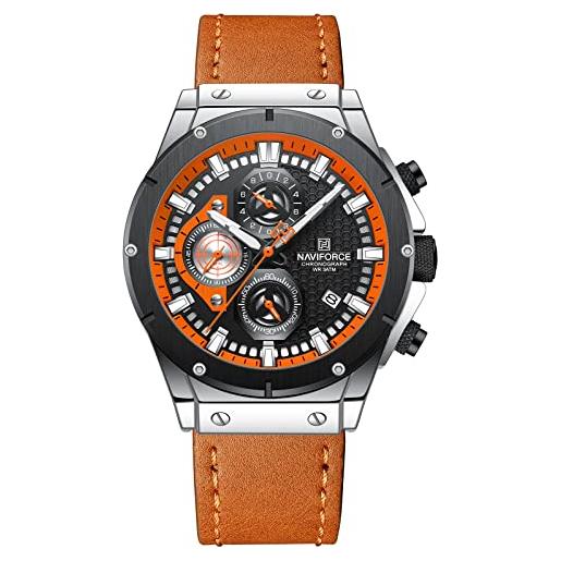 Naviforce orologio al quarzo cronografo del cuoio genuino di modo per gli uomini della data automatica sport orologi da polso analogici, arancione, cinturino