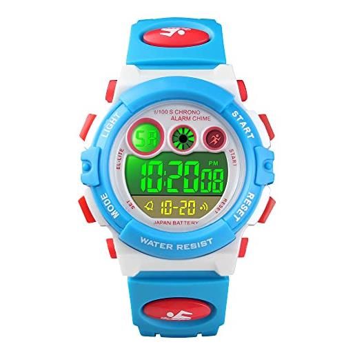 FeiWen orologio da polso da unisex bambini plastica cassa e gomma banda multicolore led luce outdoor militare sportivi digitali orologi 50m impermeabili (blu)