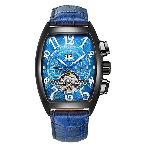 Haonb orologi da polso, orologio meccanico con cinturino in pelle tuba tourbillon, cassa nera quadrante blu