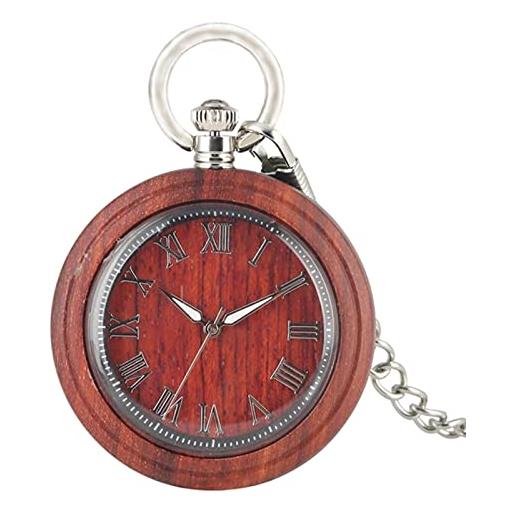 JTWMY orologio da taschino retrò in legno di ebano orologio da taschino al quarzo lettera romana moda ago luminoso orologio a catena da 30 cm regalo-legno rosso