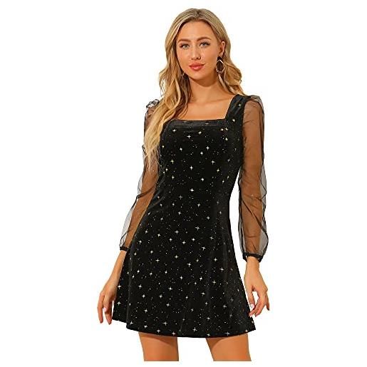 Allegra K mini abito da donna in velluto a rete a maniche lunghe con scollo quadrato e stella glitterata, nero , 52