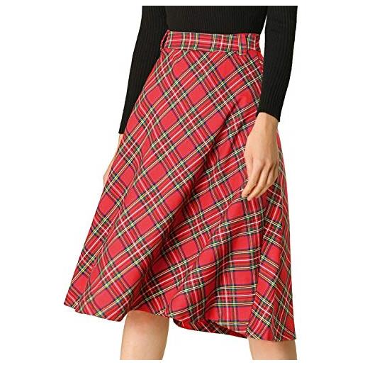 Allegra K gonna longuette vintage con cintura a trapezio scozzese a vita alta da donna, rosso, l