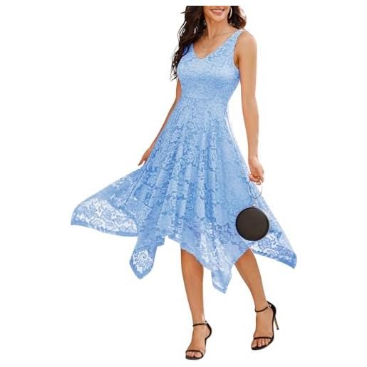 Meetjen donne vintage alto basso senza maniche scollo a v floreale pizzo abito swing cocktail navy l