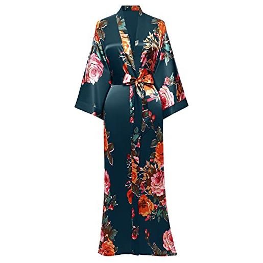 BABEYOND kimono da donna vestaglia kimono in raso cardigan lungo stampato abito cinese giapponese stile per indumenti da notte legame festa di nozze pigiama partito, verde scuro. , etichettalia unica
