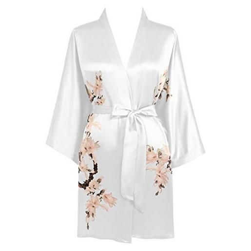 BABEYOND vestaglia kimono corta in raso con stampa floreale, lunghezza al ginocchio, kimono da donna, per matrimoni, pigiama e feste, blu navy, etichettalia unica