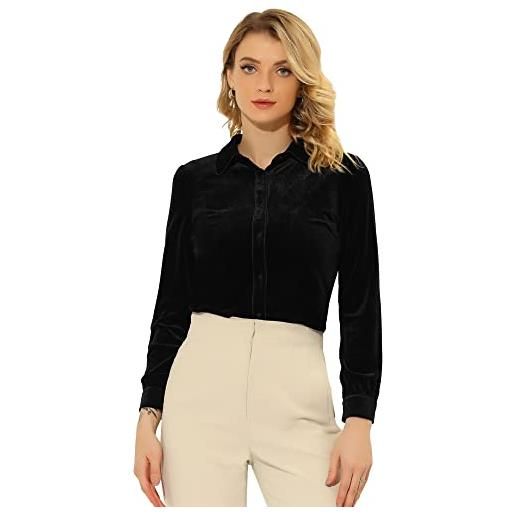 Allegra K camicia da lavoro con colletto rotondo da donna in velluto a maniche lunghe, nero , 40