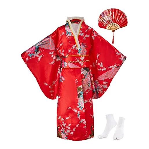 KRUIHAN kimono ragazza yukata bambino abito giapponese bambina vestaglia bambina raso kimono geisha costum cosplay, compresi ventaglio pieghevole e calzini tabi, 150 cm, rosso