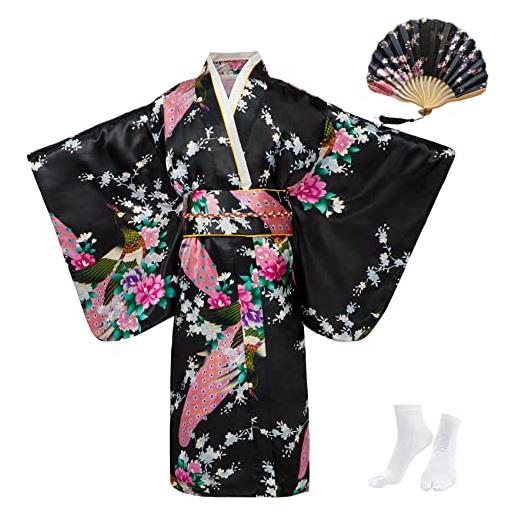 KRUIHAN kimono ragazza yukata bambino abito giapponese bambina vestaglia bambina raso kimono geisha costum cosplay, con ventaglio pieghevole e calzini tabi, 130 cm, blu royal