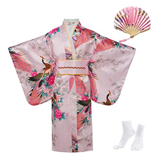 KRUIHAN kimono ragazza yukata bambino abito giapponese bambina vestaglia bambina raso kimono geisha costum cosplay, compresi ventilatori pieghevoli e calzini tabi, 140 cm, blu