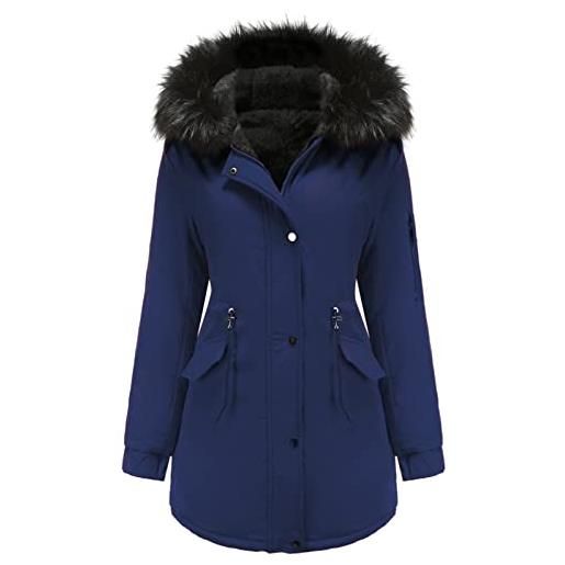 Tuopuda giacca donna con cappuccio cappotto lungo caldo invernale parka trapuntato con pelliccia giubbotto slim fit felpe con zip casual manica lunga, marina militare, l