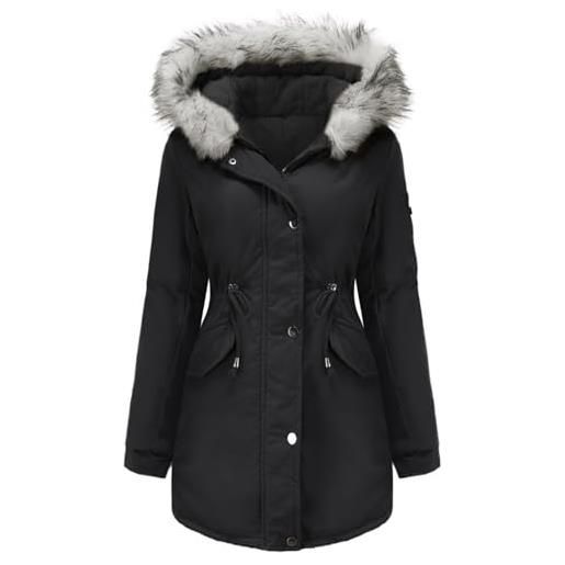 Tuopuda giacca donna con cappuccio cappotto lungo caldo invernale parka trapuntato con pelliccia giubbotto slim fit felpe con zip casual manica lunga, verde, l