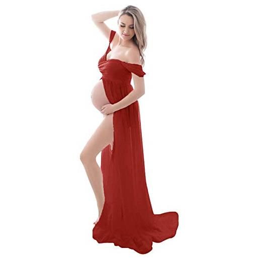 FEOYA maxi abito di maternità chiffon pizzo senza spalline abito spaccato davanti per donne incinte fotografia a figura intera, rosso, l