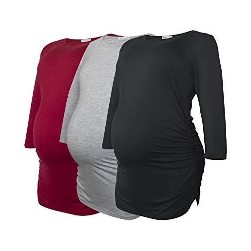 Smallshow piani di maternità per le donne 3/4 manica increspato vestiti incinta 3 confezioni, black/grey/white stripe, 2xl