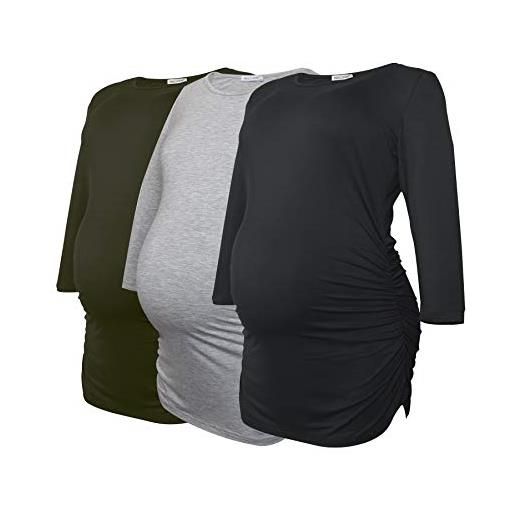 Smallshow piani di maternità per le donne 3/4 manica increspato vestiti incinta 3 confezioni, black/grey/white stripe, m