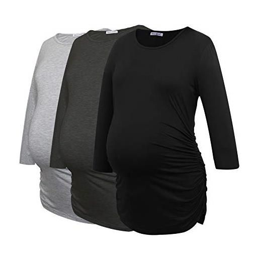 Smallshow piani di maternità per le donne 3/4 manica increspato vestiti incinta 3 confezioni, black/grey/white stripe, s