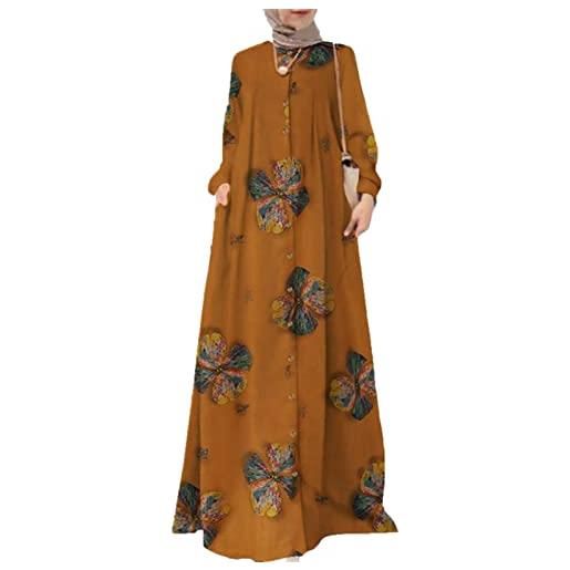 babao abito lungo da donna musulmano arabo caftano lino manica lunga moda islamico etnico abaya con tasche, 5, l