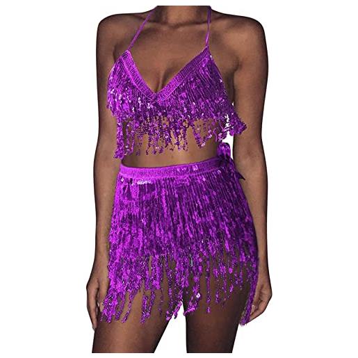 Qtinghua women's sexy sequin tassel mini skirt set belly dance hip skirt with bra top hip scarf rave party costume clubwear (style#2 purple, one size)