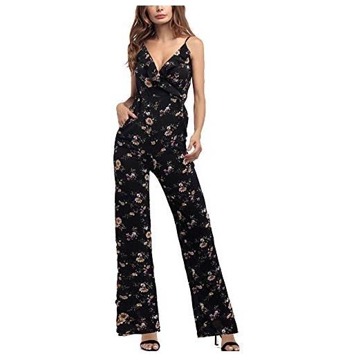 Yanlian donna tute eleganti estive jumpsuit lunghi stampato floreale tuta spalla di parola tuta senza maniche spiaggia sciolto princess vacation tutine intere playsuits da sera pagliaccetto nero fiore m