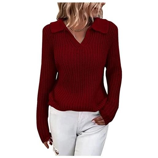 Greensen maglione da donna risvolto maglieria di colore puro scollo a v sottile top casual maglione pullover basic con vestibilità a cialda(l-vino rosso)
