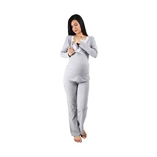 M.M.C. pigiama da allattamento con pizzo da donna, pigiama premaman per gravidanza con funzione allattamento a maniche lunghe, grau, l