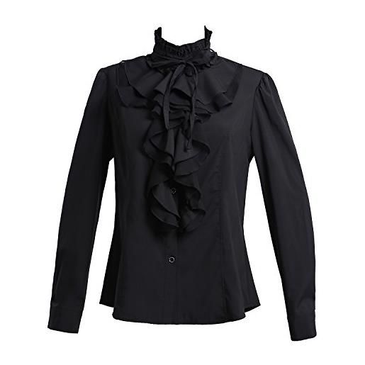 Taiduosheng camicia da donna a maniche lunghe in pizzo con colletto rialzato con volant o con abbottonatura, nero , xl
