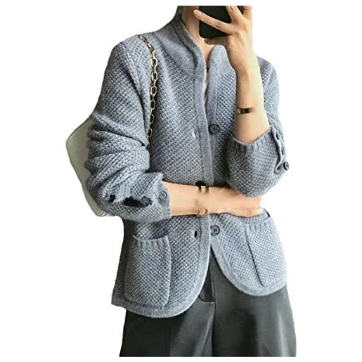 Ruereuu cardigan in cashmere da donna con colletto alla coreana maglione lavorato a maglia, grigio, s