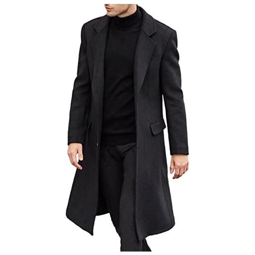 ECDAHICC uomo casual slim fit cappotto di lana giacca lunga collo tacca trench monopetto cappotto inverno caldo capispalla, nero , l